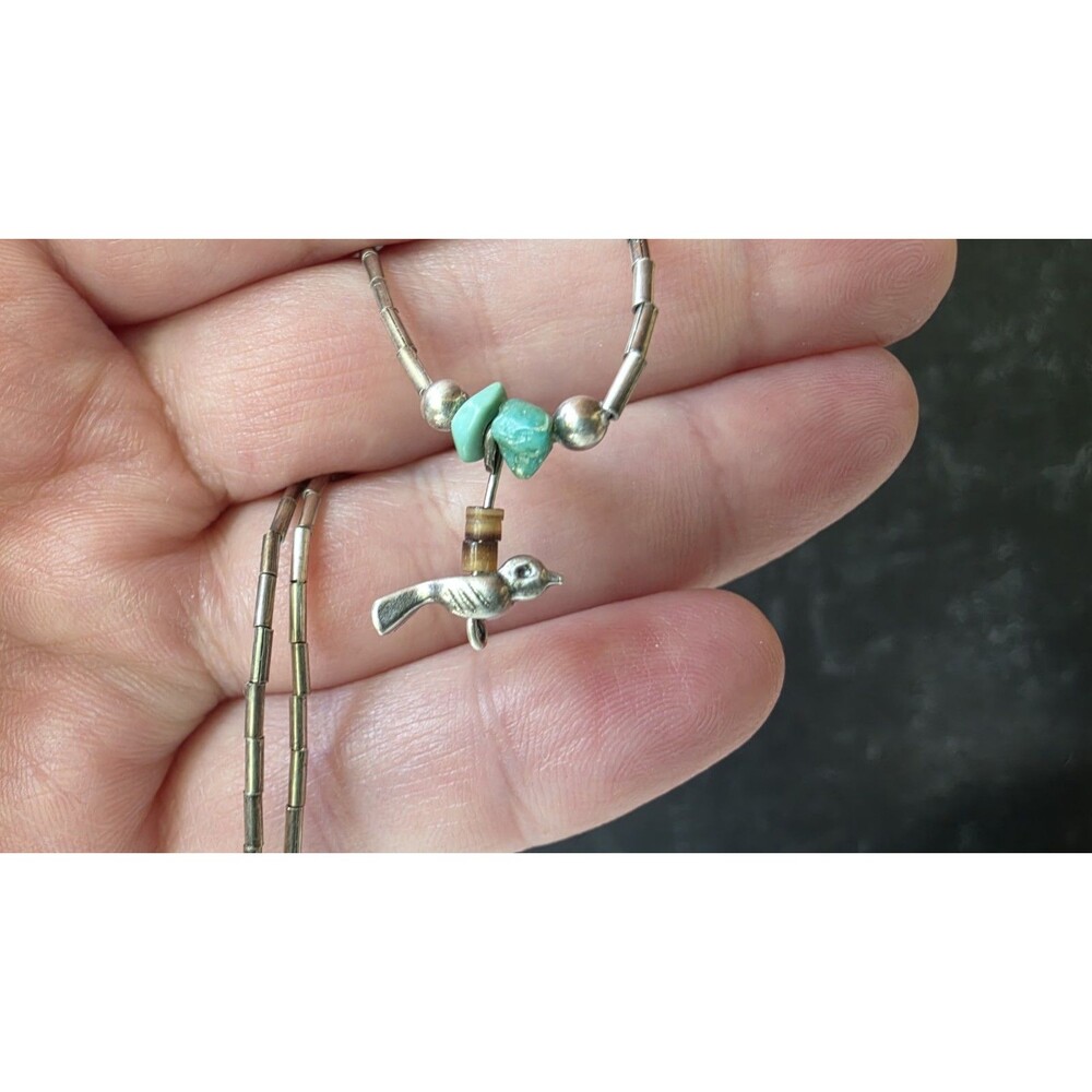 Sterling Liquid Silver Turquoise Beaded Bird Pendant Necklace Vintage